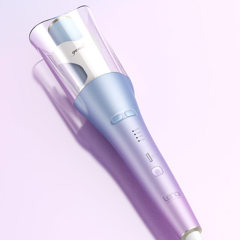Purple hair straightener on a light purple background