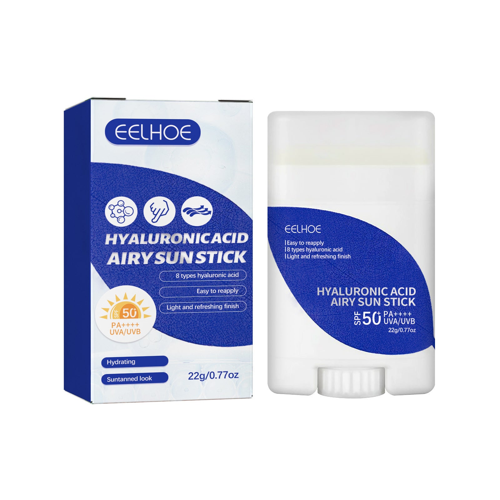 Eelhoe Hyaluronic Acid Airy Sunstick packaging and stick on a white background