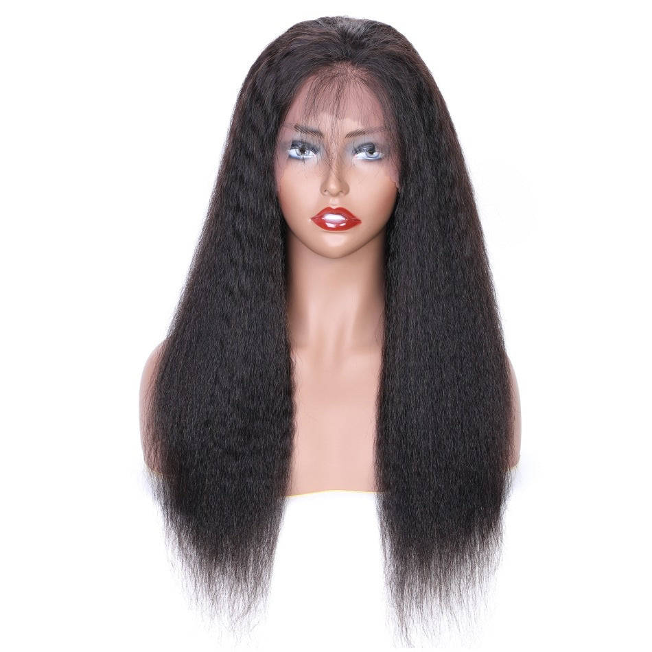 Mannequin head with long black straight hair on a white background
