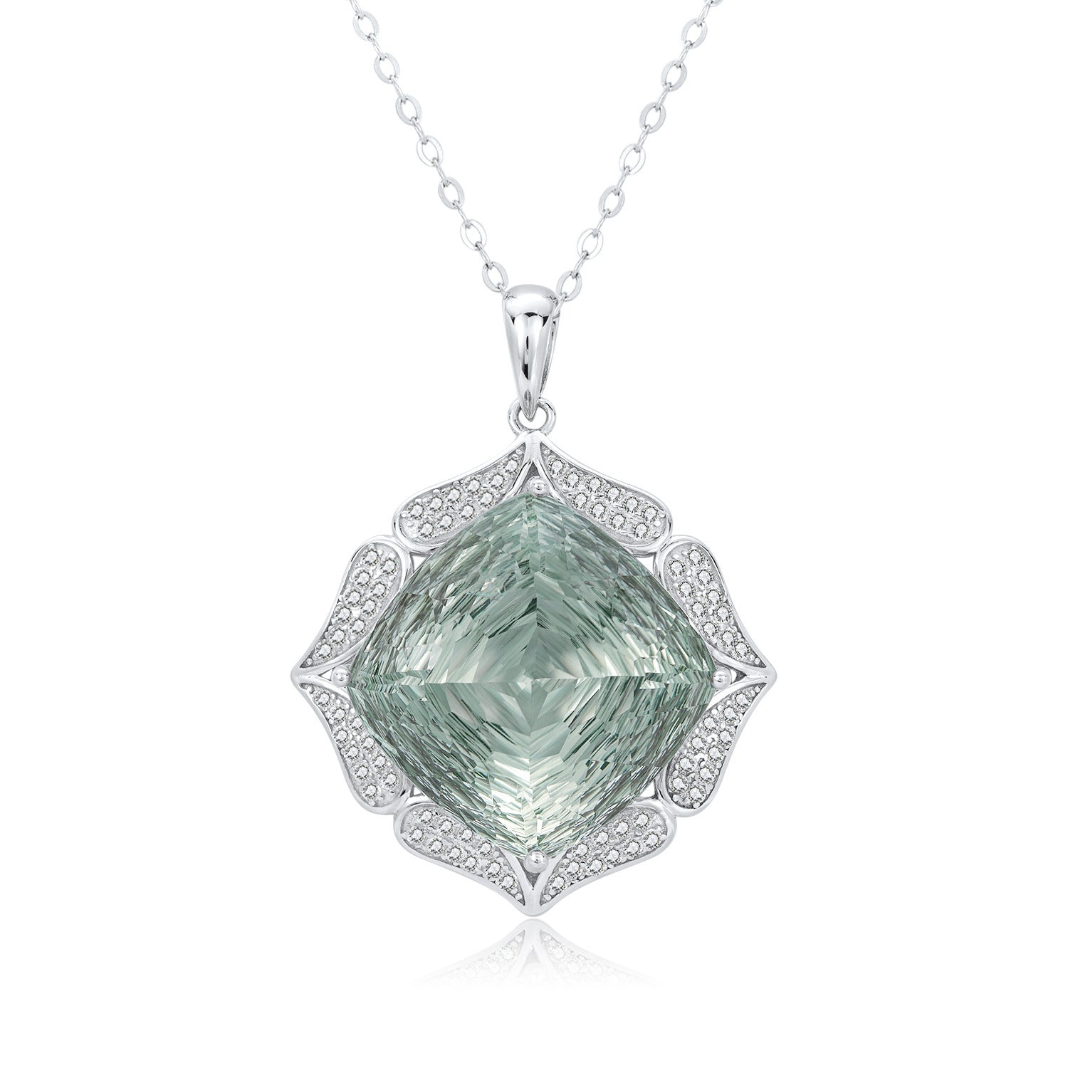 Green gemstone pendant necklace on a white background