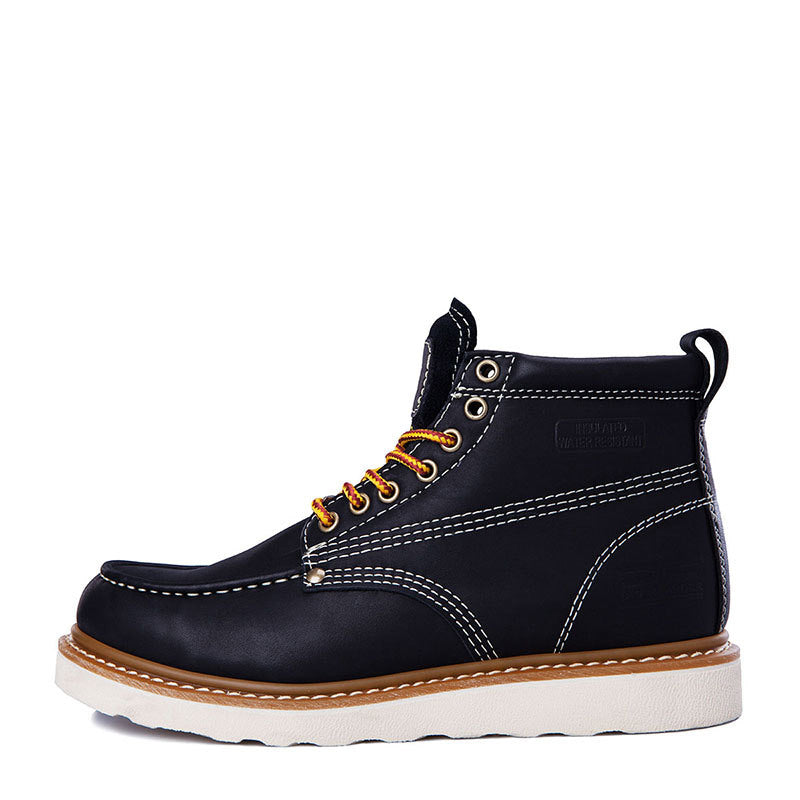 Black leather boot with white sole on a white background
