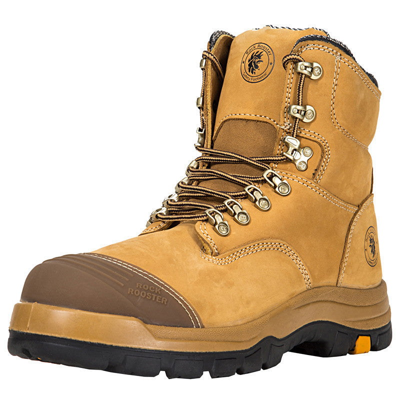 Tan work boot with brand logo on a white background