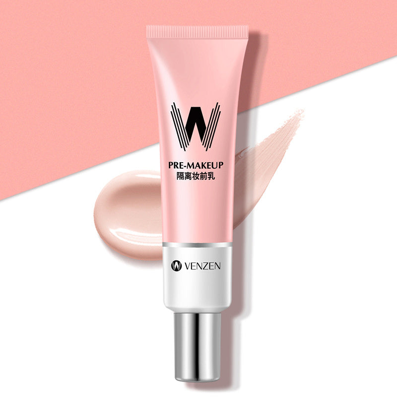 Pink pre-make-up cream tube with brand logo on a pink and white background