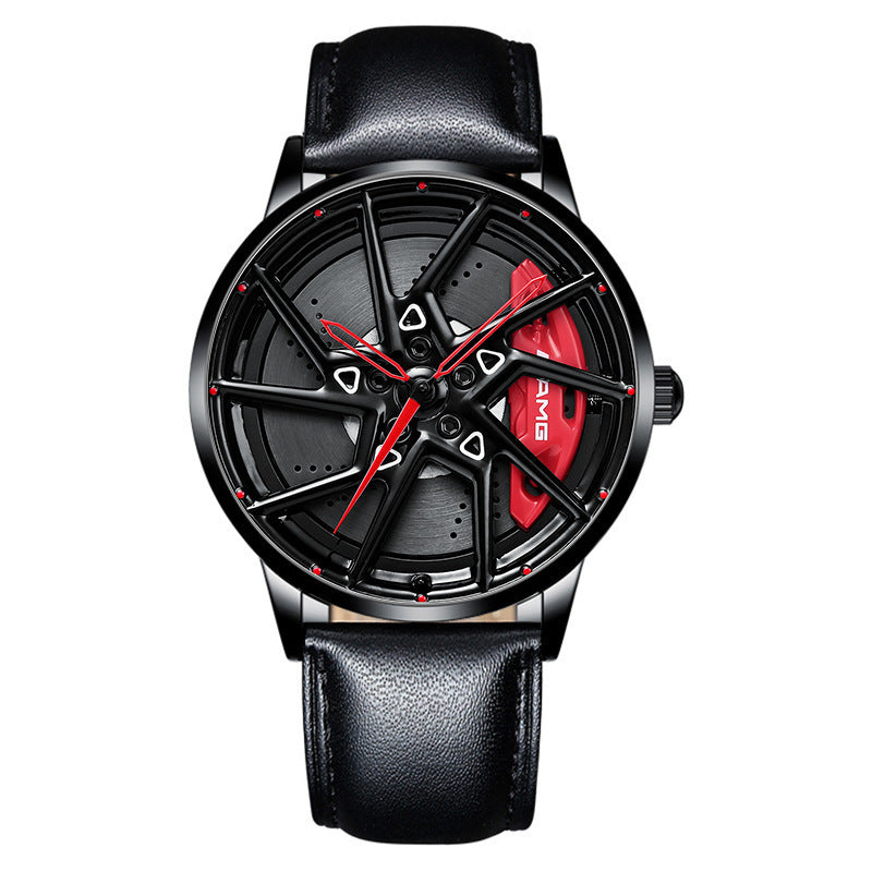 Black watch with red accents on a white background
