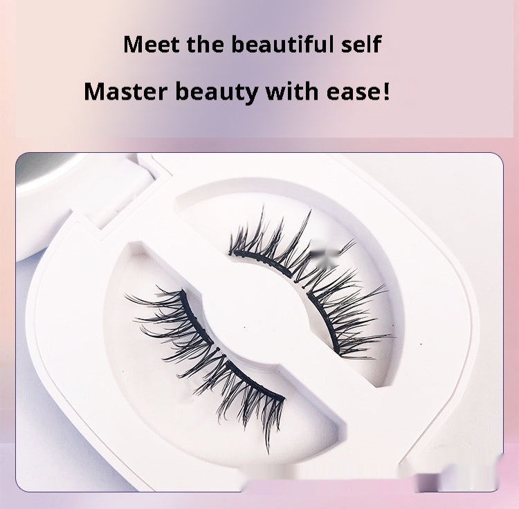 False eyelashes in a white case with a pink gradient background and text.