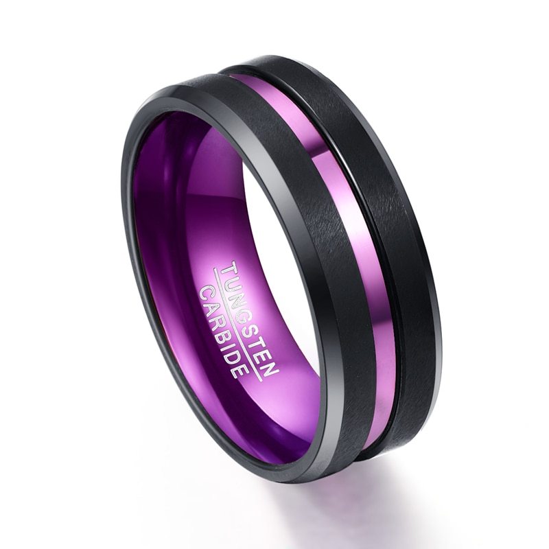 Black and purple ring with 'Tungsten Carbide' engraving on a white background