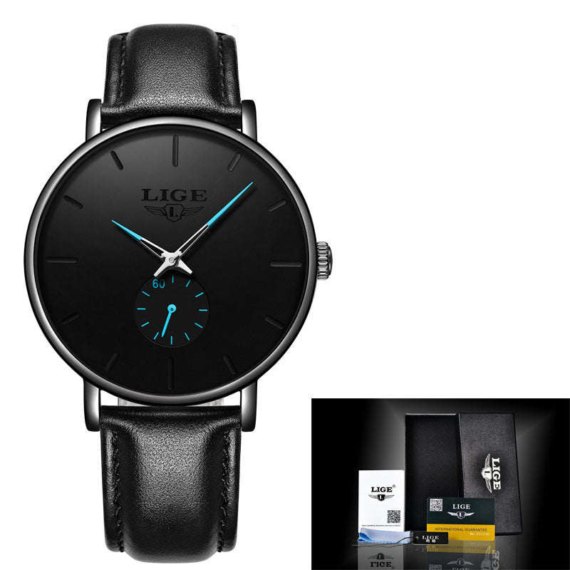 Black LIGE watch with leather strap and packaging on a white background