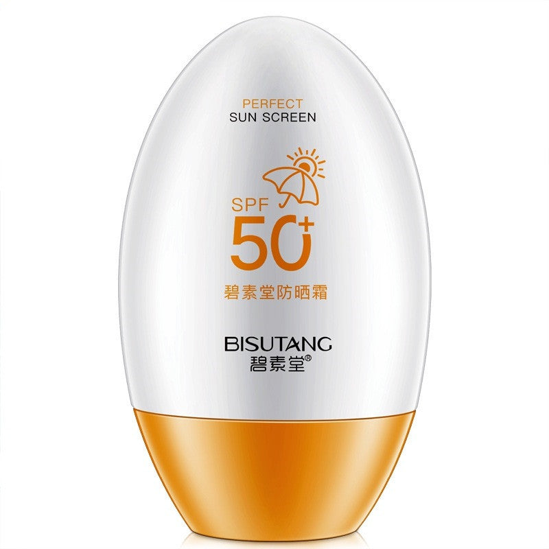 Sunscreen bottle with SPF 50+ on a white background