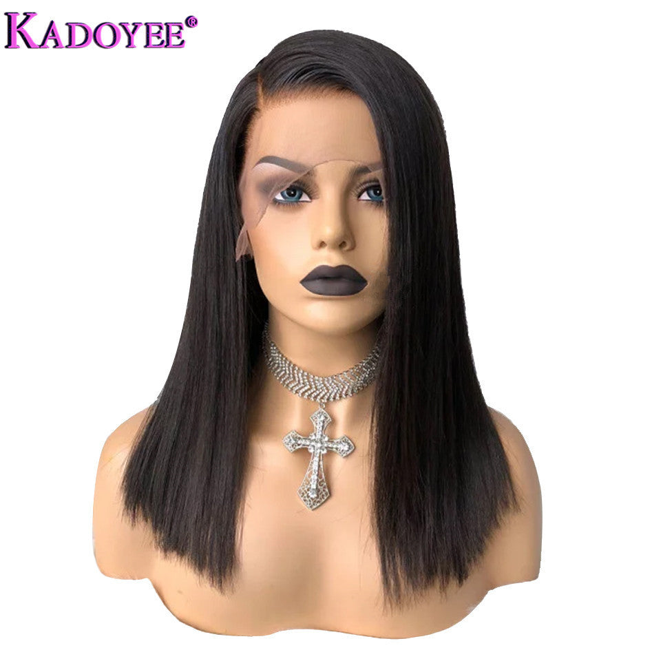 Mannequin head with a black wig on a white background, featuring the brand 'KADOYEE'.