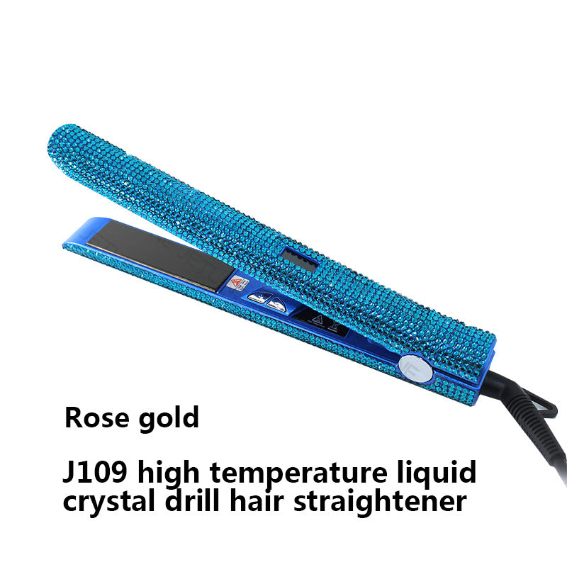 Blue hair straightener with rose gold accents on a white background