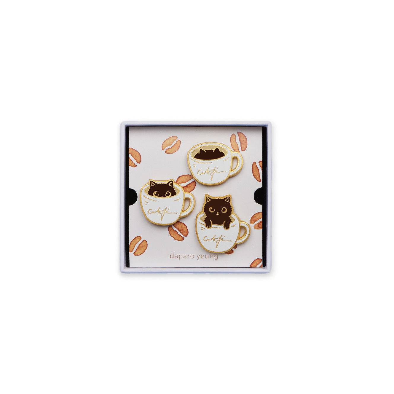 Set of cat-themed cookies in a decorative box on a white background