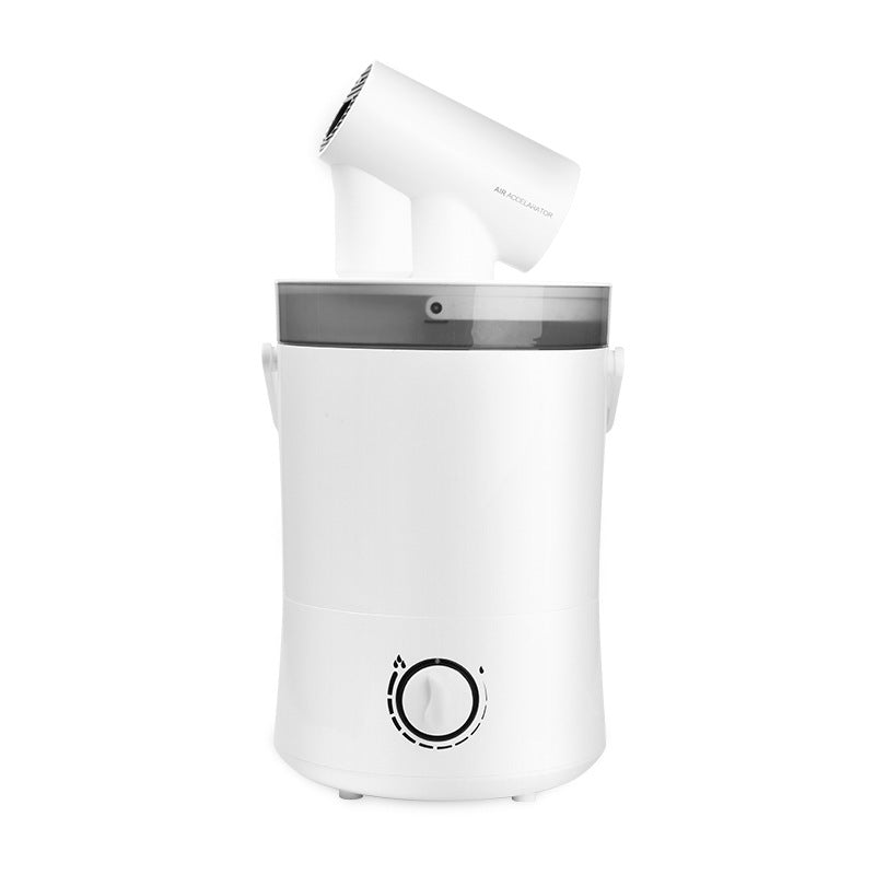 White hair dryer with a cylindrical container on a white background