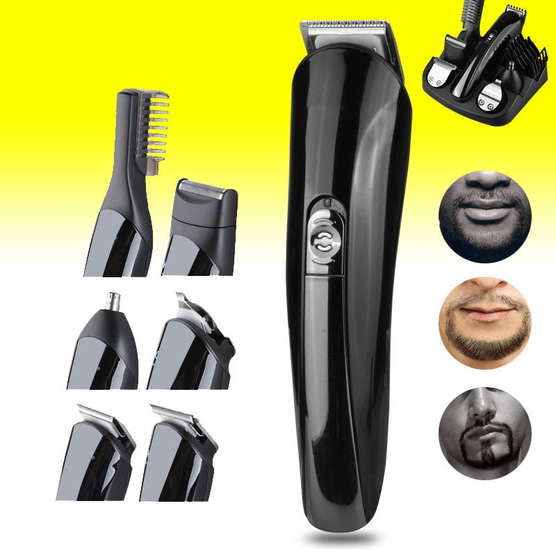 Black hair trimmer with attachments on a yellow background