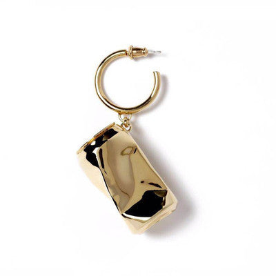 Gold hoop earring with a rectangular gold charm on a white background