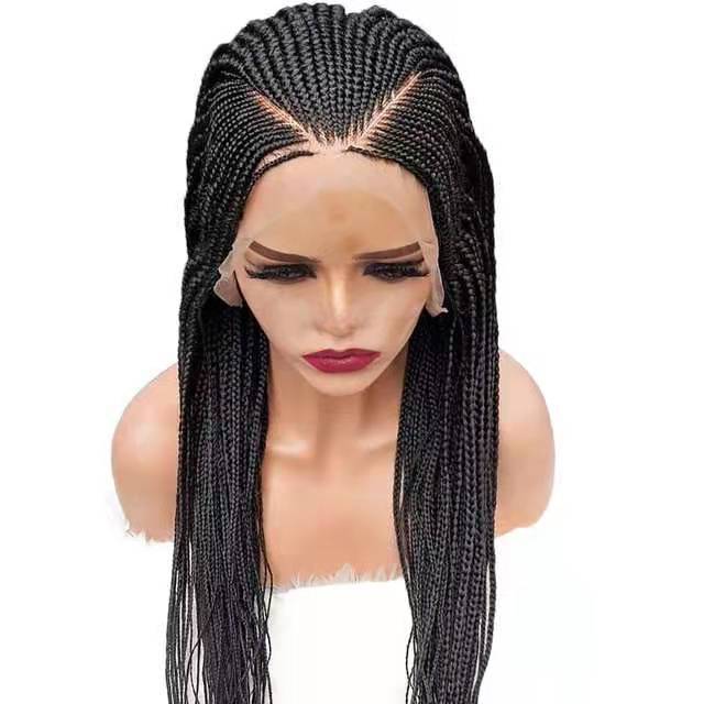 Black braided wig on a mannequin head with a white background