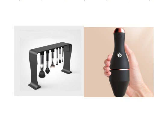 Black makeup brush holder with brushes on a white background and a black handheld device held by a hand on a beige background.
