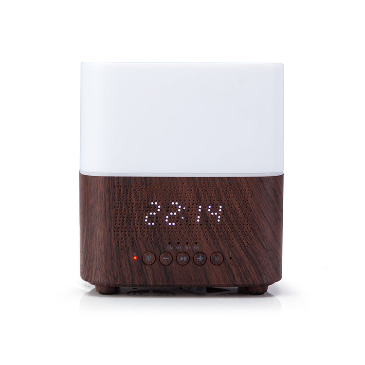 Wooden digital clock with white top on a white background