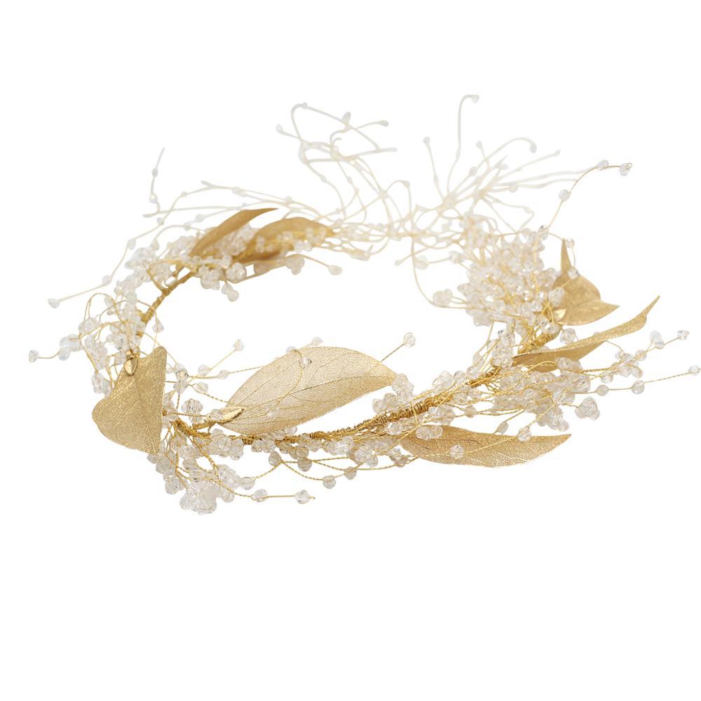 Gold leaf and bead headband on a white background