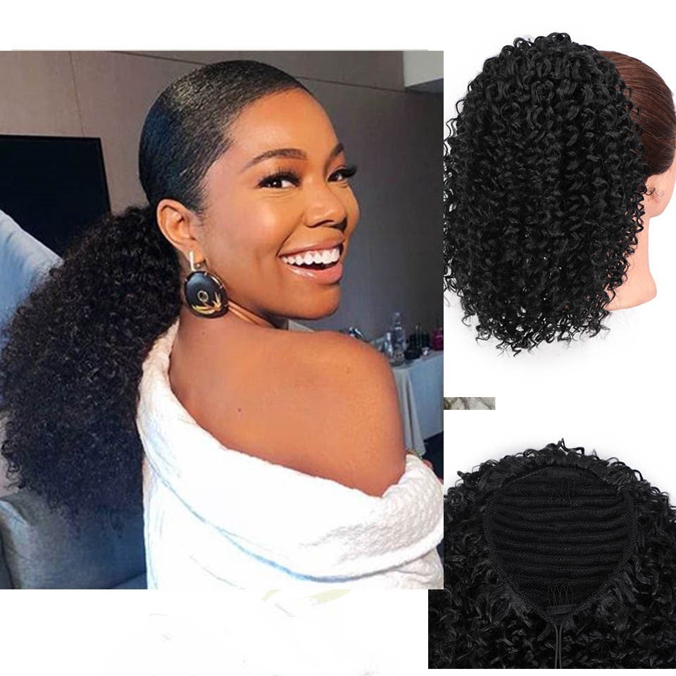 Woman with styled hair and close-up of a curly ponytail extension.