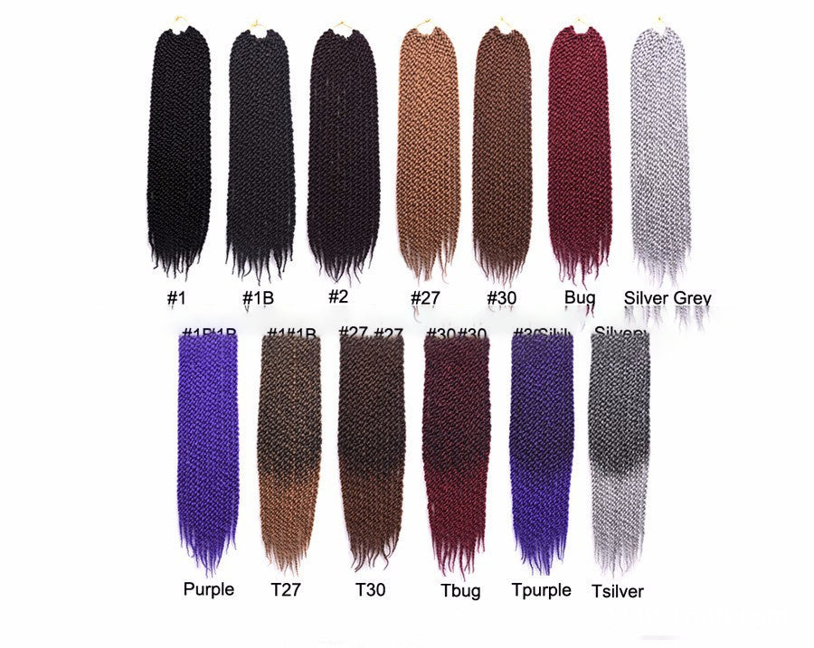 Color chart of synthetic hair extensions with various color options on a white background.