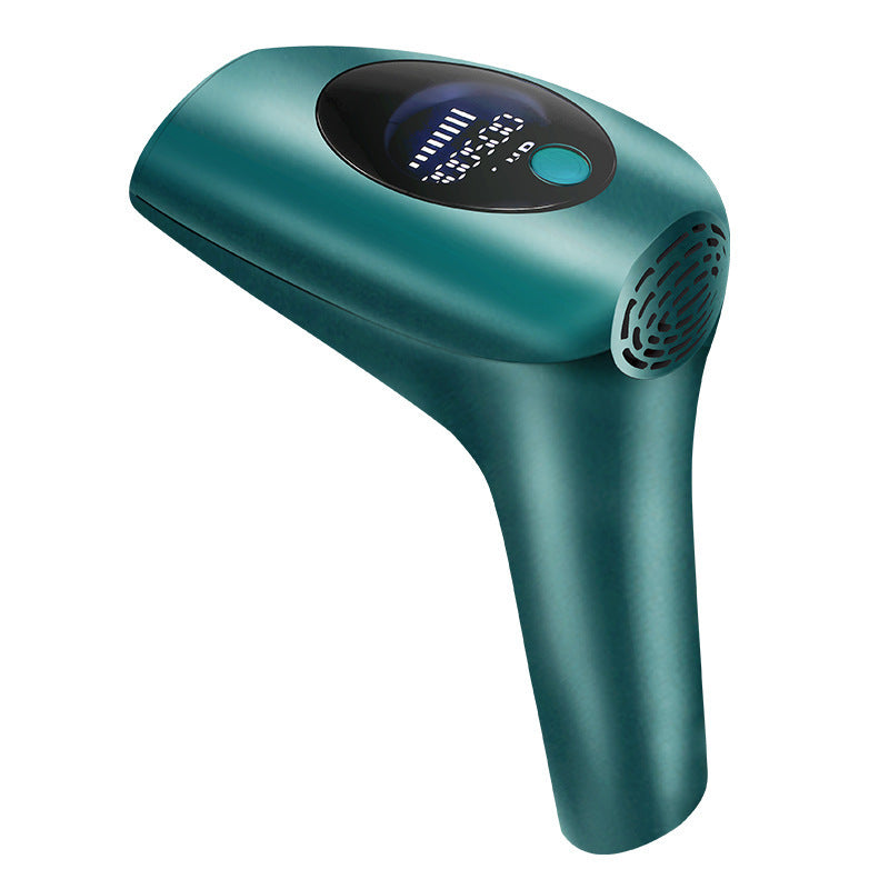 Teal handheld device with digital display on a white background
