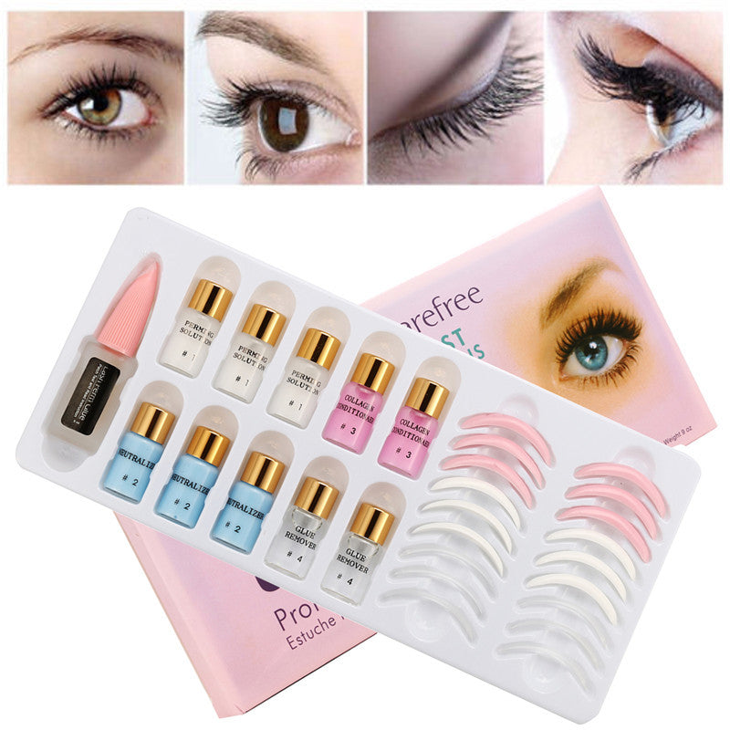 Set of false eyelashes with packaging and close-up shots of eyes wearing them.