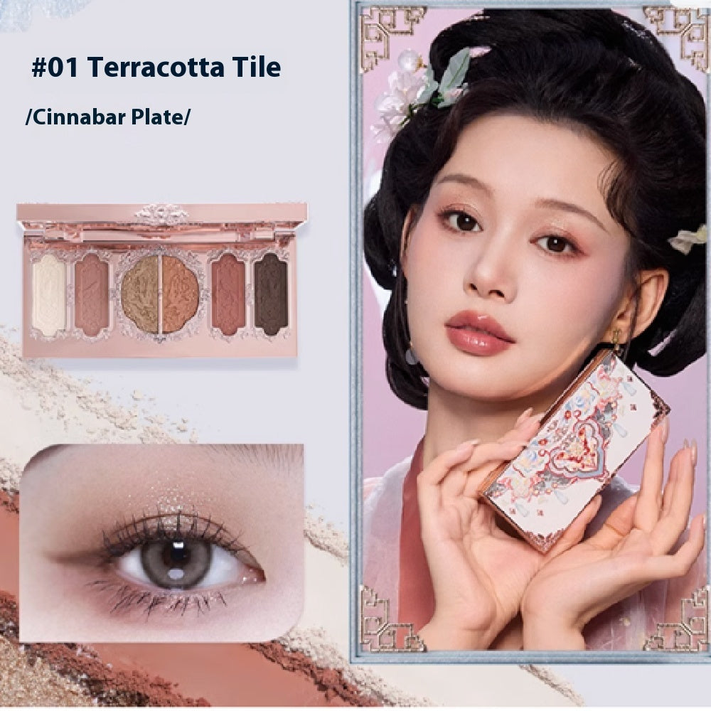 Makeup product with a model holding it, labeled '#01 Terracotta Tile' on a decorative background.