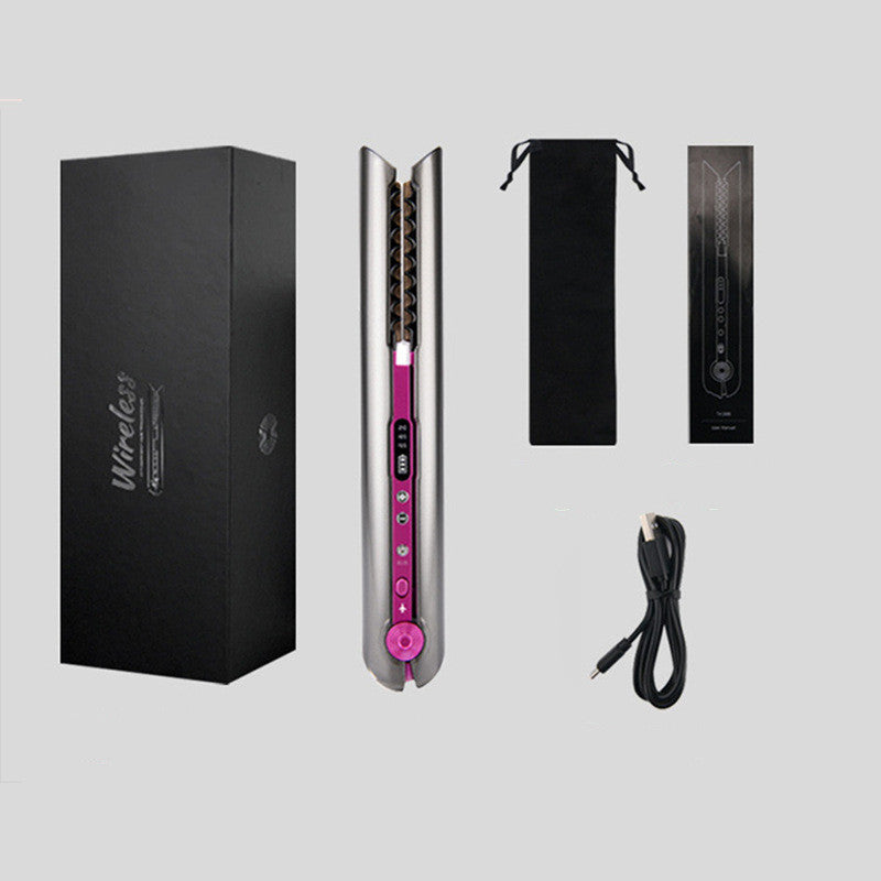Hair straightener with packaging, cable, and attachments on a light gray background