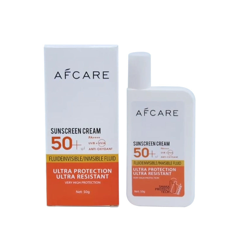 Afcare sunscreen cream packaging with bottle on a white background