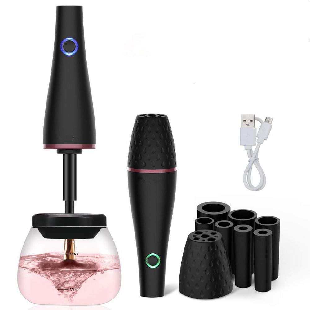 Black handheld hair dryer with attachments and USB cable on a white background