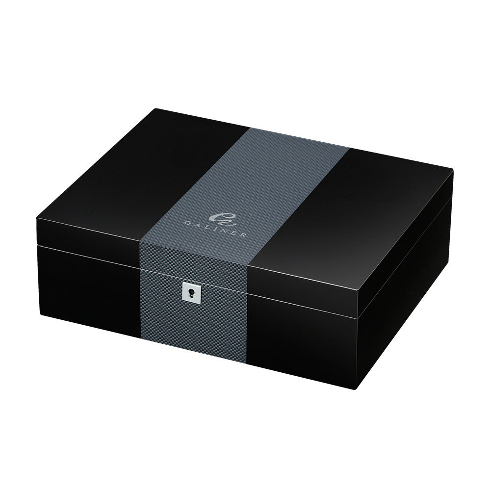 Black and gray box with a brand logo on a white background