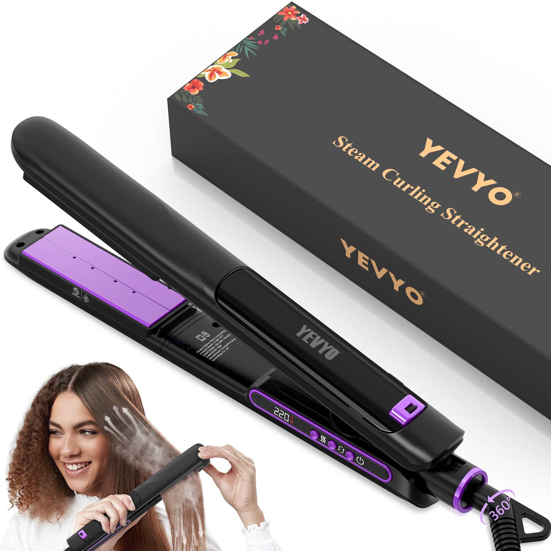 Black and purple YEVYO steam curling straightener with packaging on a white background