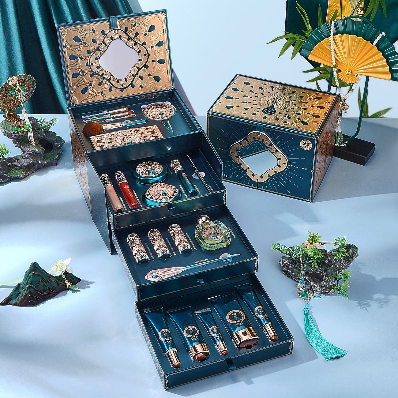 Decorative jewelry box with intricate designs on a light blue background