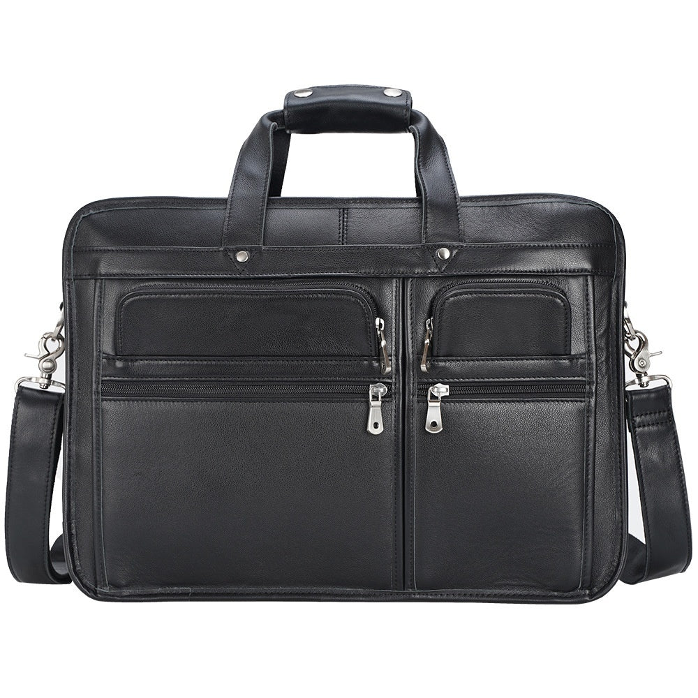 Black leather briefcase with multiple pockets and zippers on a white background
