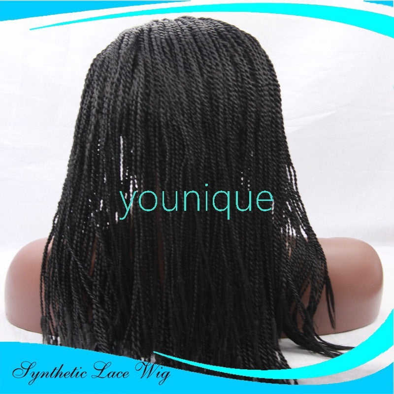 Black synthetic braided wig on a mannequin head with 'younique' branding.