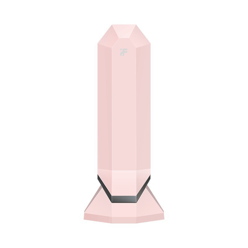 Pink cylindrical product with a black base on a white background