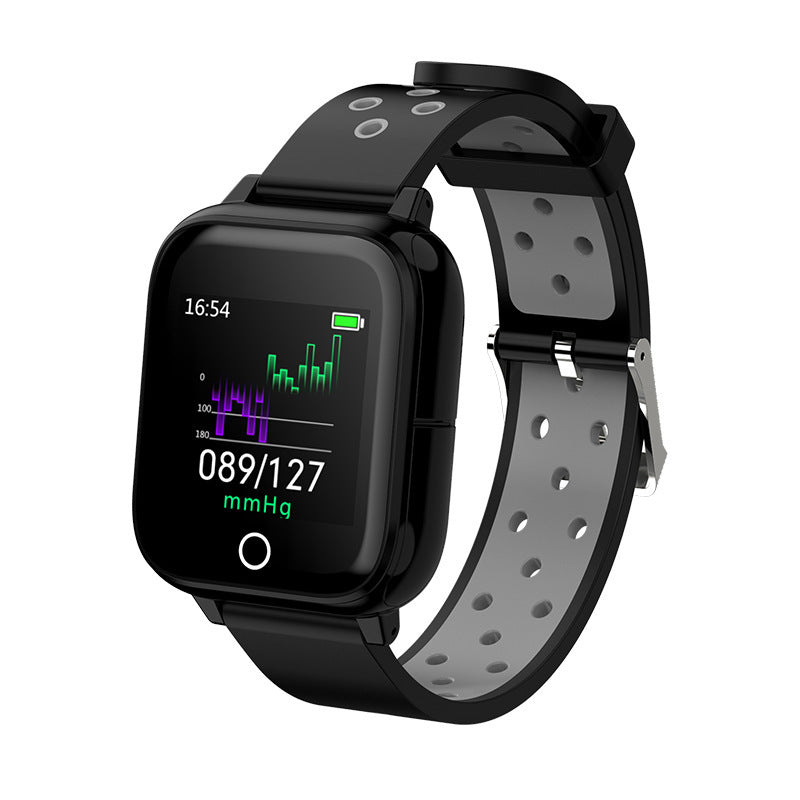 Black smartwatch with a gray band on a white background