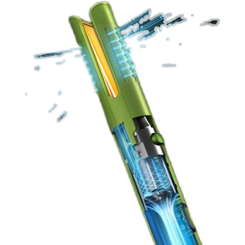 Cross-sectional view of a green and blue vacuum cleaner on a white background