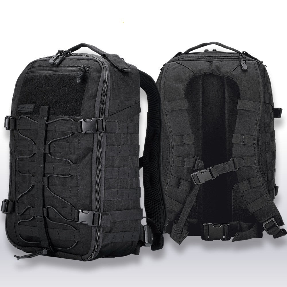 Black tactical backpack shown from front and back on a white background