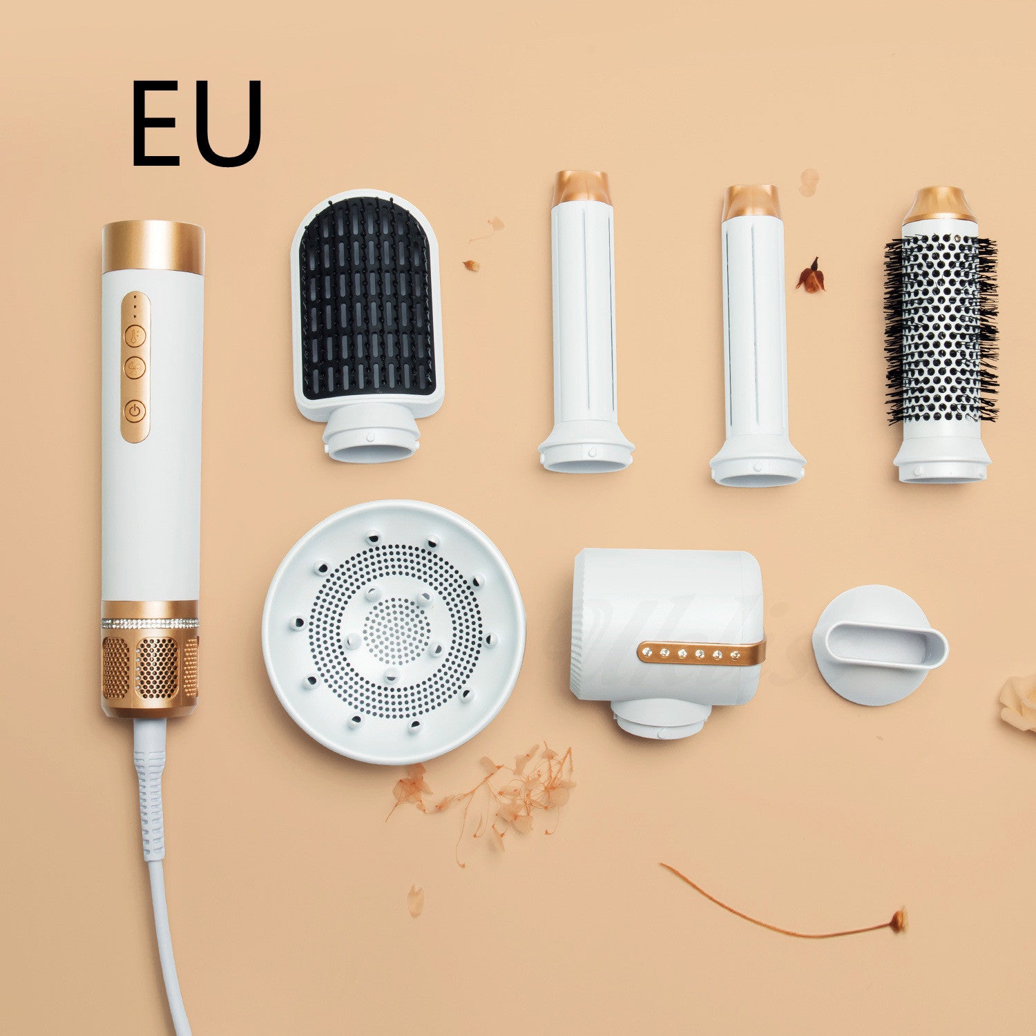 Set of hair styling tools including a hair dryer and attachments on a beige background with 'EU' label.