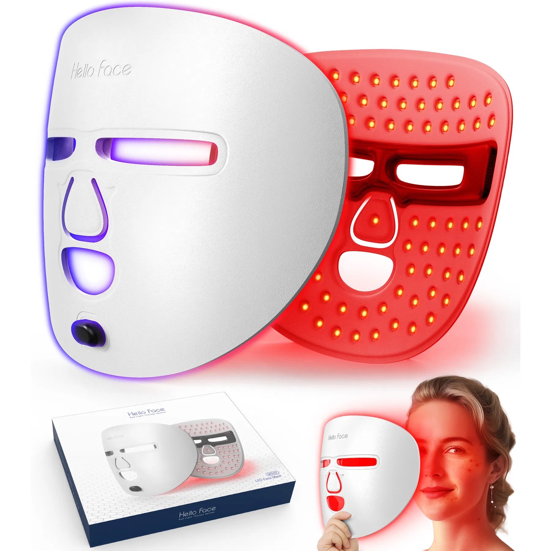 LED face mask with red and white design, packaging, and a person wearing it.