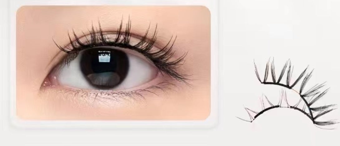 Eyelash extension on a model eye with a close-up of the extension on a white background.