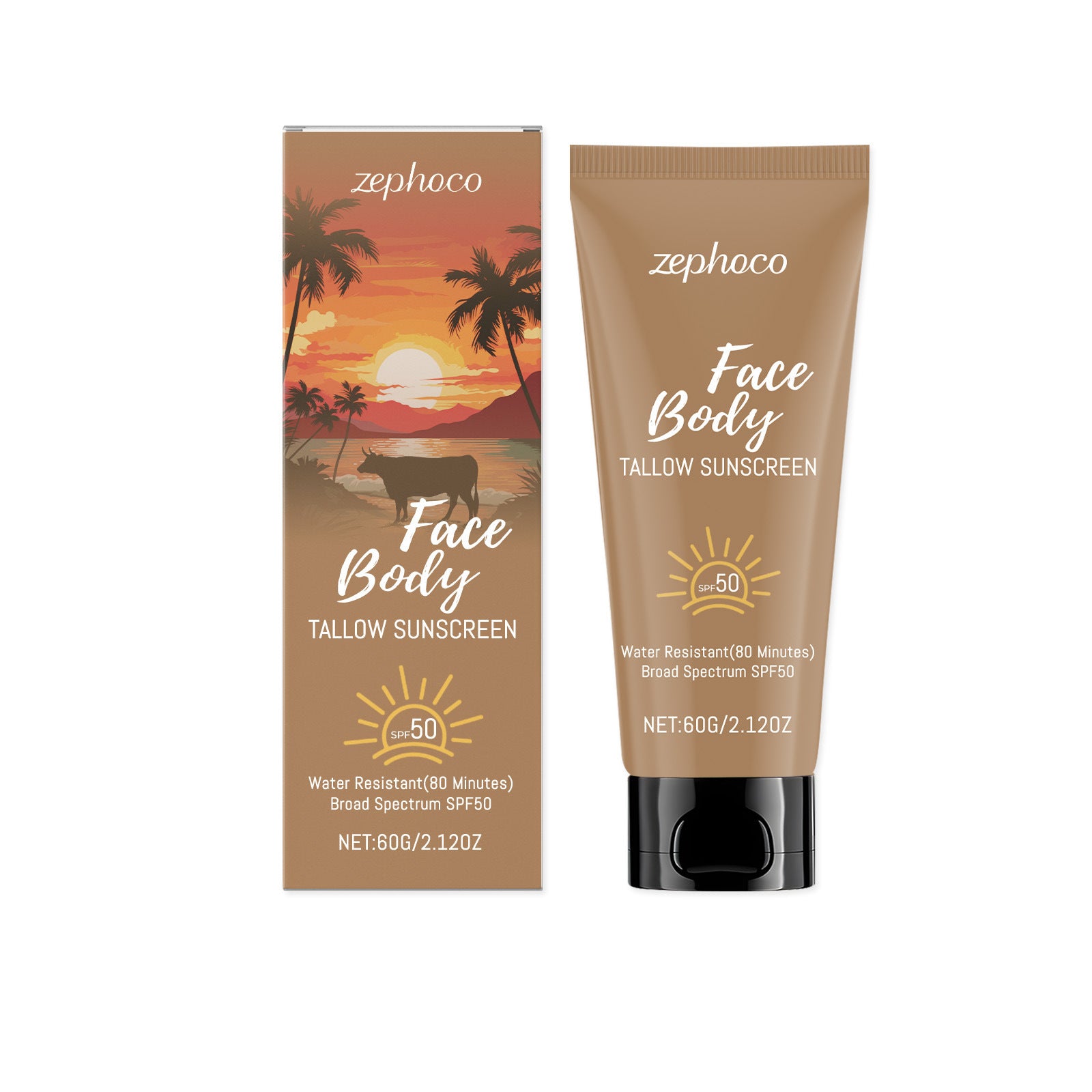 Zephoco tallow sunscreen tube and packaging with a sunset design on a white background