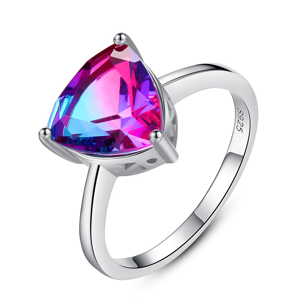 Silver ring with a colorful teardrop-shaped gemstone on a white background