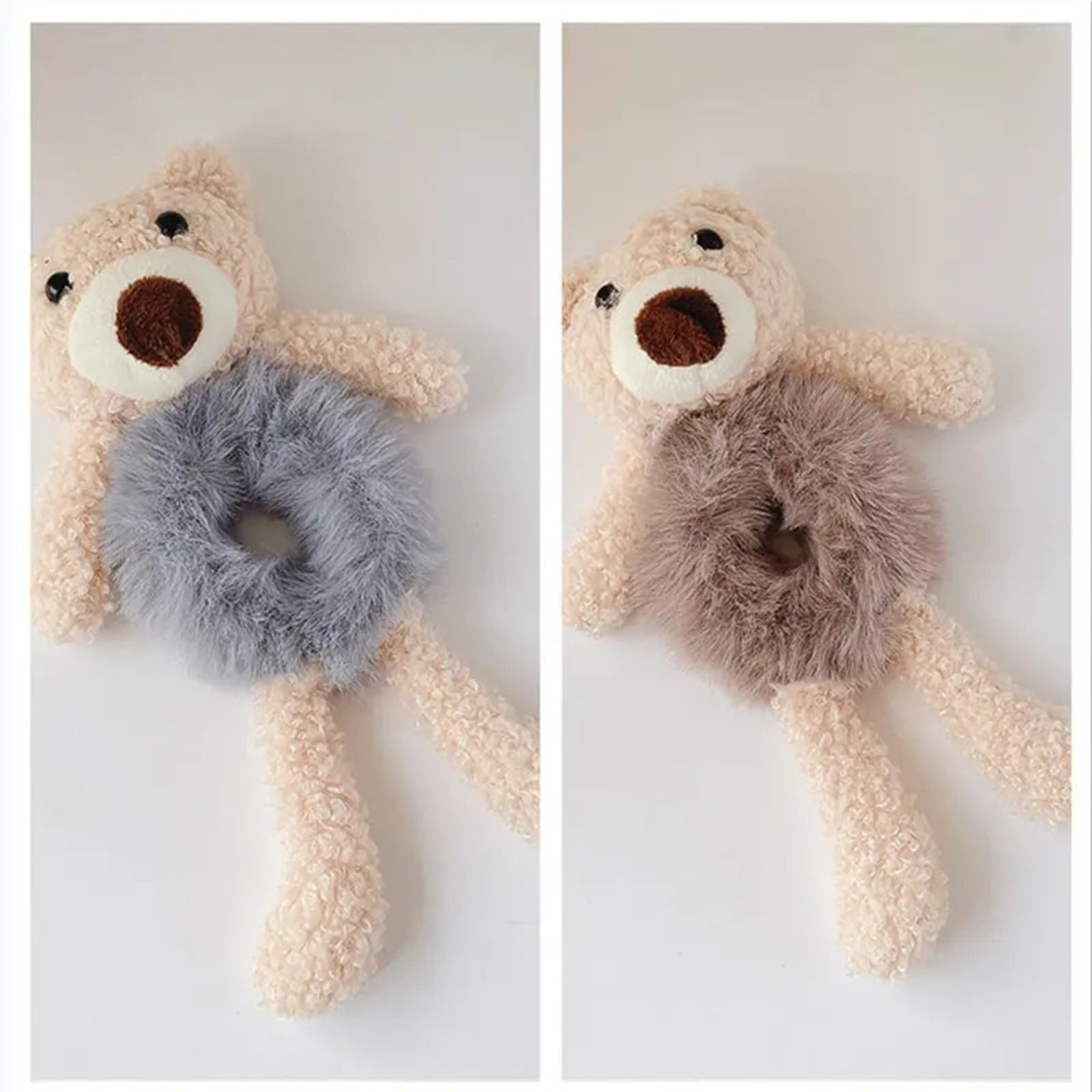 Two teddy bear toys with fluffy rings on a white background