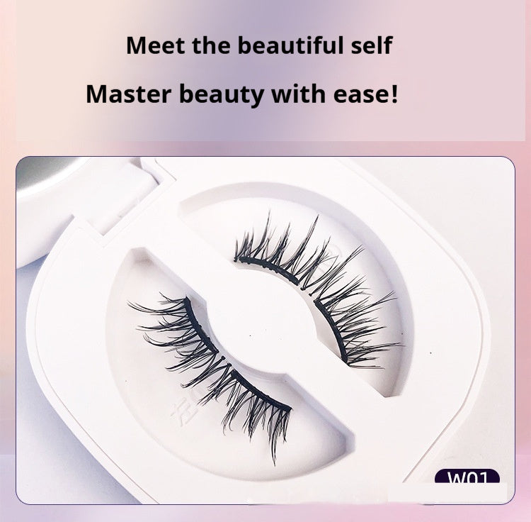 False eyelashes in a white case with a pink gradient background and text 'Meet the beautiful self. Master beauty with ease!'