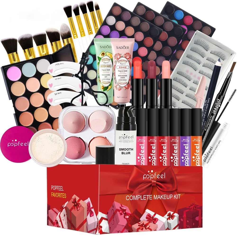 Popfeel complete makeup kit with various cosmetic items on a white background