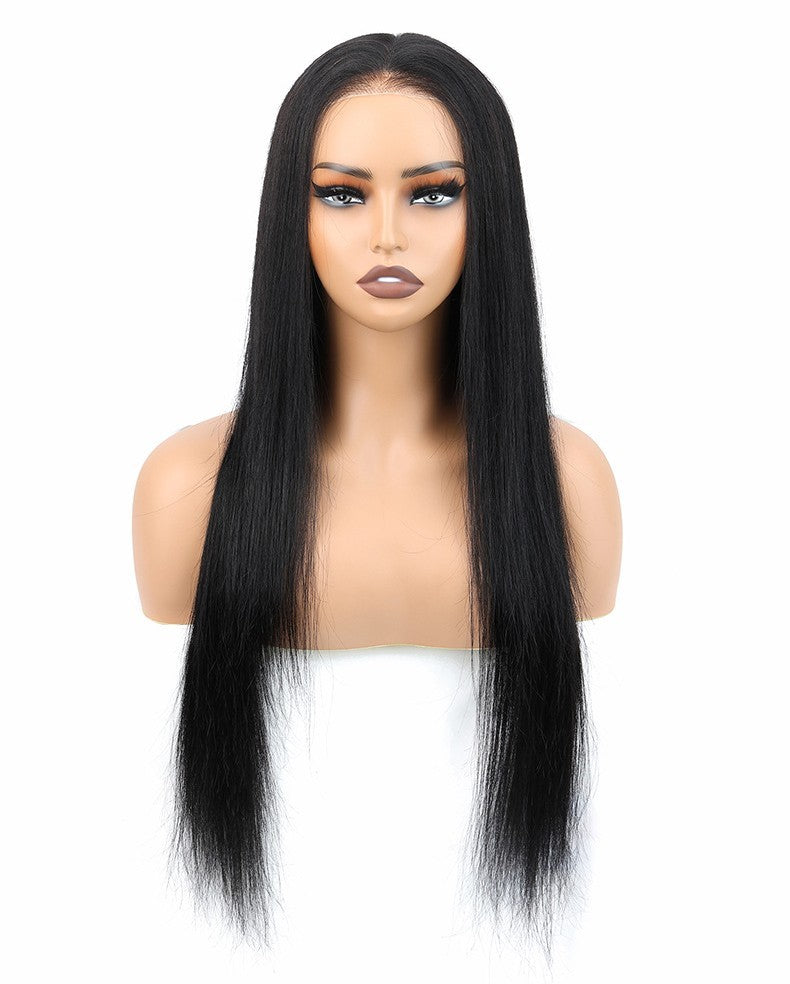 Mannequin head with long black straight hair on a white background