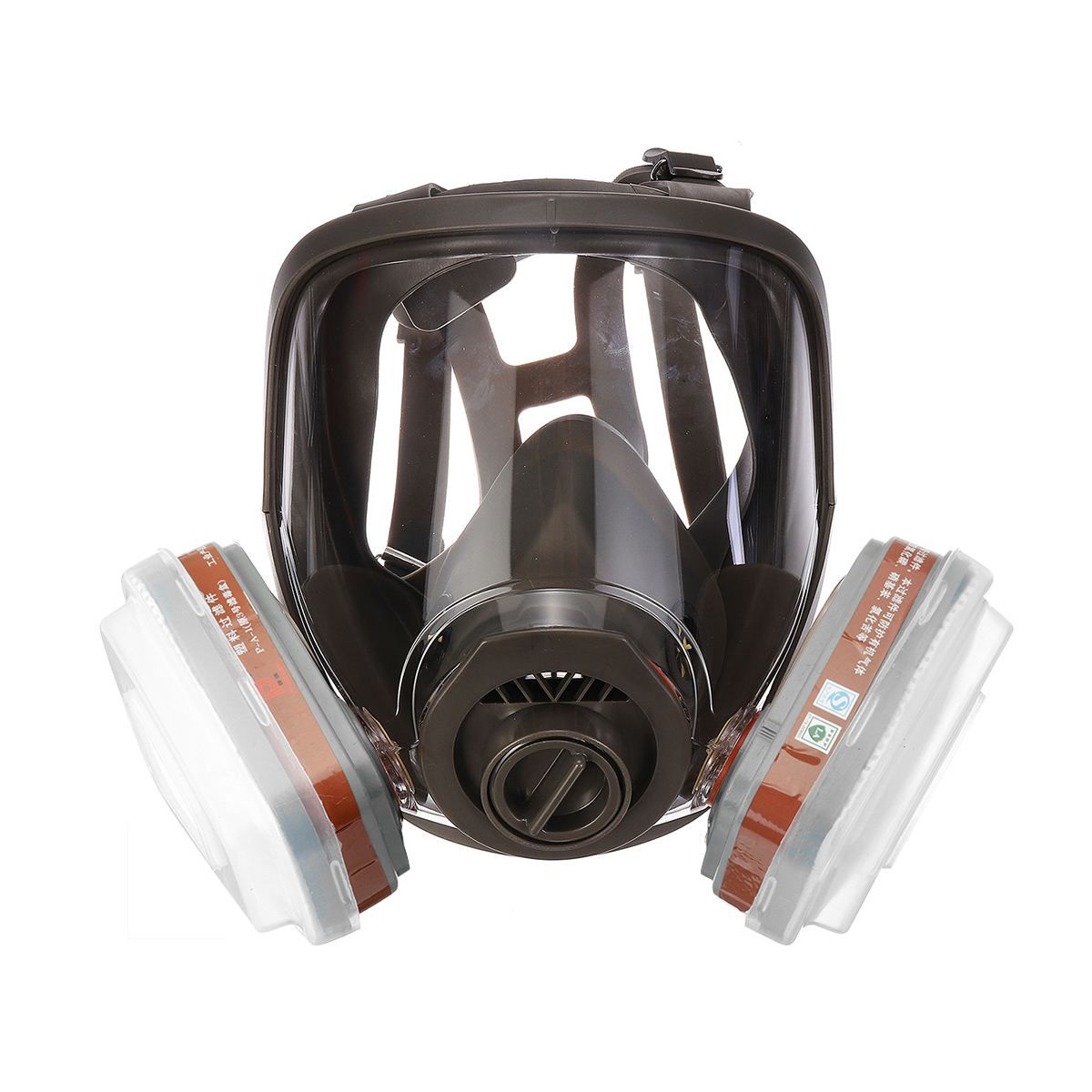 Full-face respirator mask with filter cartridges on a white background