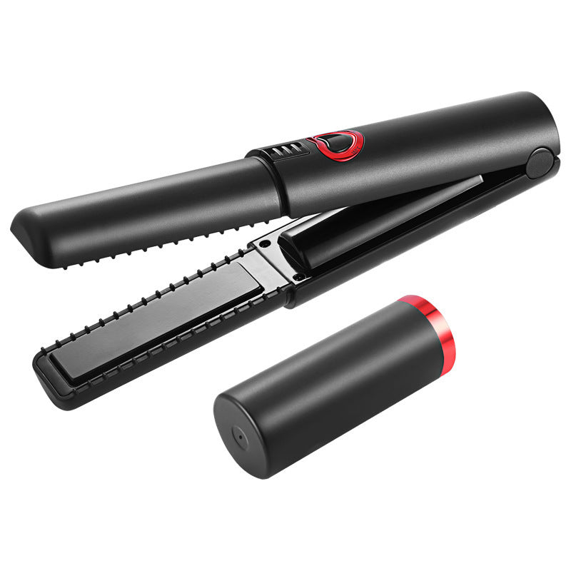 Black hair straightener with red accents on a white background